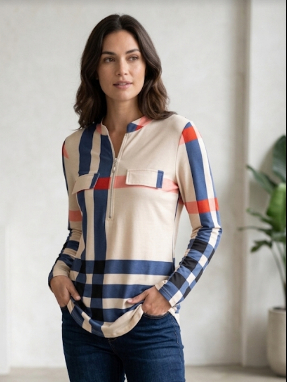 Moyabo Striped Long Sleeve Zip-Front Tunic - Cream, Navy & Coral